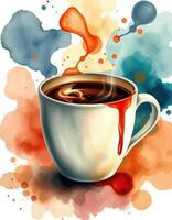 Coffee swirling in a mug surrounded by colorful splashes, creating a vibrant art piece photo
