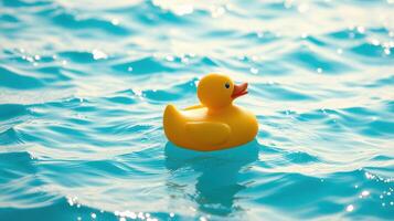 Bright yellow rubber duck floating on calm blue water under soft sunlight during a quiet afternoon photo