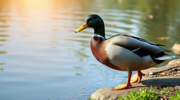 Mallard duck stands by a serene pond during a sunny afternoon in a peaceful park setting photo