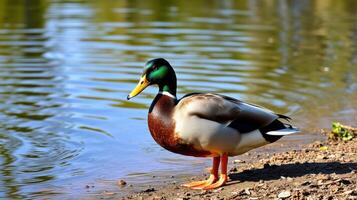 Male mallard duck standing by a calm pond in bright sunlight during the afternoon photo
