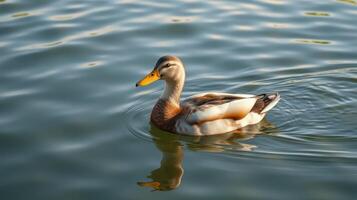 Duck gliding serenely across a calm lake during the early evening hours in a tranquil natural setting photo