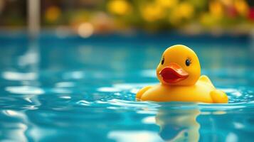 Bright yellow rubber duck floating in a clear blue swimming pool filled with sunlight and greenery photo