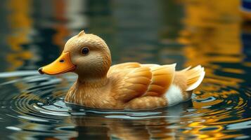Yellow duck gliding on a tranquil pond surrounded by lush greenery in the late afternoon light photo