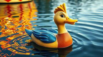 Colorful rubber duck floating on shimmering water with vibrant reflections in a playful atmosphere photo