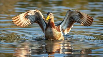 Mallard duck spreading wings on a calm pond during late afternoon photo