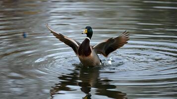 Duck spreads its wings while swimming in a serene lake during a calm morning photo