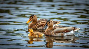 Family of ducks swimming peacefully in a pond during a calm afternoon photo