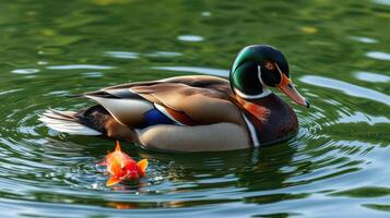 Duck swims gracefully in a tranquil pond alongside a vibrant goldfish during a sunny afternoon photo