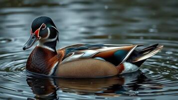 Colorful duck gracefully swimming in a serene water setting during dusk photo