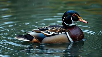 Colorful wood duck swimming gracefully in tranquil water during a calm afternoon photo