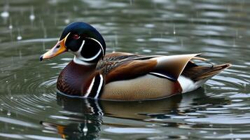 Vibrant wood duck swimming calmly in a rain-drenched pond surrounded by ripples photo