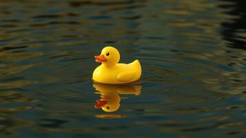 Bright yellow rubber duck drifting serenely on dark water surface with gentle ripples in quiet surroundings photo