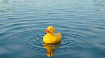 Bright yellow rubber duck floats serenely on calm water, creating gentle ripples in the afternoon light photo