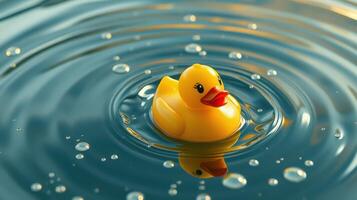 Yellow rubber duck floating in calm water creates serene atmosphere during sunny day photo