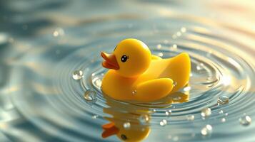 Colorful duck toy floats on water creating ripples while reflecting sunlight in a serene setting photo