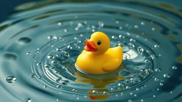 Bright yellow rubber duck floating on rippling water with bubbles in a playful setting photo