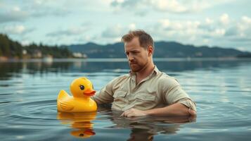 Man relaxes in calm water with rubber duck in scenic lake setting during late afternoon hours photo
