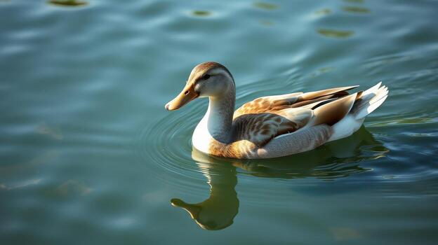 Duck swimming calmly in clear water during a sunny afternoon in a tranquil park photo