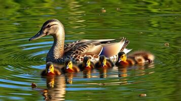 Mother duck swimming peacefully with her six ducklings in a serene pond surrounded by lush greenery photo