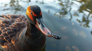 Close view of a duck with vibrant colors swimming in a serene pond surrounded by lush greenery photo