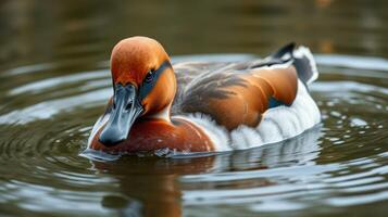 Beautiful duck gliding across calm waters in a tranquil setting during early morning light photo