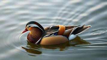 Colorful mandarin duck swimming gracefully in a serene lake during the golden hour photo