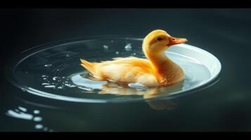 Small yellow duckling swimming in a tranquil water setting during daylight photo