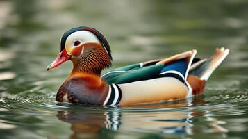 Beautiful mandarin duck swimming in calm waters reflects vibrant colors during a sunny day photo