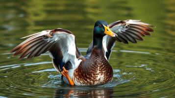 Duck flaps wings while swimming in a tranquil lake surrounded by lush greenery photo