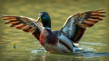 Mallard duck flapping wings while swimming in a serene pond during daylight photo