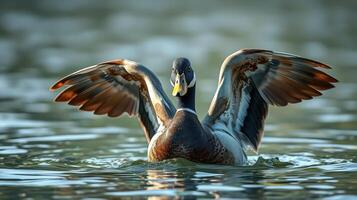 Bird displaying its wings while swimming in a serene lake during golden hour photo