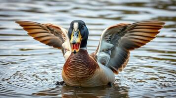 Colorful duck flapping wings while swimming in a calm lake during the golden hour of sunset photo