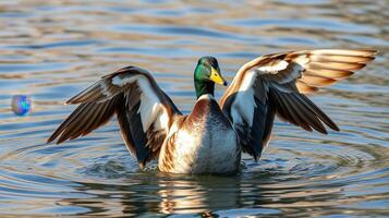 Mallard duck flapping wings and creating ripples in calm water during sunset photo
