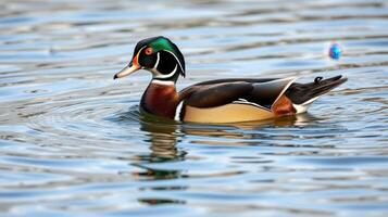 Colorful wood duck swimming peacefully on a serene lake during a sunny day in spring photo