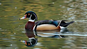 Colorful wood duck swimming gracefully on a serene lake during the golden hour photo