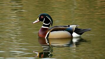 Colorful wood duck swimming gracefully in a serene pond during a sunny afternoon in a natural habitat photo