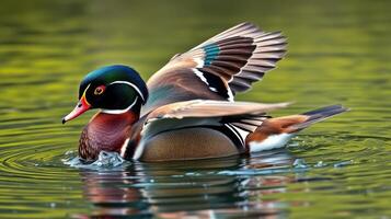 Colorful wood duck swimming gracefully in serene water at dawn photo