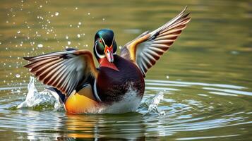 Colorful duck flapping wings while splashing water in calm pond at midday photo