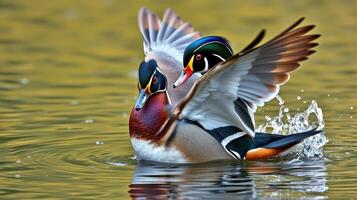 Colorful wood ducks swimming together in tranquil water during daylight hours photo