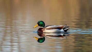 Male mallard duck swimming peacefully in calm waters during golden hour in a serene natural setting photo