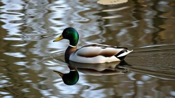 Beautiful mallard duck swimming calmly in a serene pond surrounded by reflections on a sunny day photo