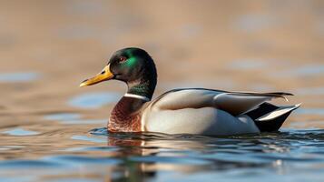 Male mallard duck swims gracefully in serene waters during golden hour near a peaceful lakeside environment photo