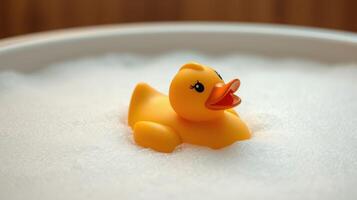 Rubber duck floats in a bubble-filled bath during a relaxing bath time moment photo