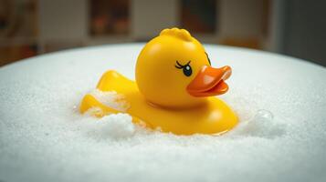 Bright yellow rubber duck floats in a bubble-filled tub during a relaxing bath time for kids photo