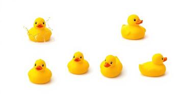 Collection of colorful rubber ducks in various positions showcasing playful activity and design diversity photo