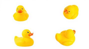 Variety of yellow rubber ducks displayed from different angles on a white background for playful decoration or toys photo