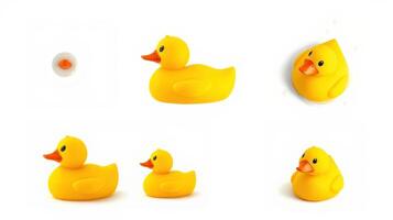 Collection of playful yellow rubber ducks in various sizes arranged in a creative display photo