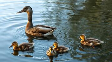 Mother duck swims gracefully with her adorable ducklings in a peaceful lake during sunset photo