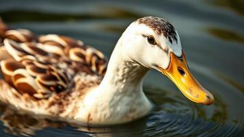 Duck swimming gracefully in a serene pond surrounded by nature's beauty in the late afternoon light photo
