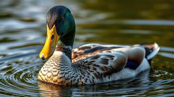 Mallard duck swimming in serene water at a tranquil lake during golden hour photo